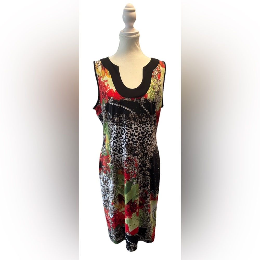 JOSEPH RIBKOFF Bold Floral Animal Print Sleeveless Midi Dress 14 Artsy Stretch
